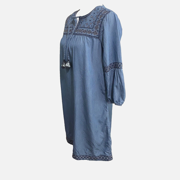 J Jill Denim Chambray Dress Womens Sz S Boho Embroidered Tassels 100% Tencel - Picture 2 of 9